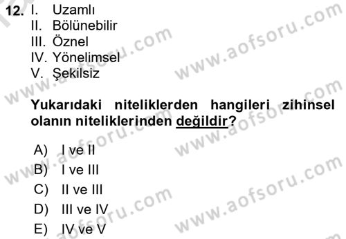 Zihin Felsefesi Dersi 2022 - 2023 Yılı Yaz Okulu Sınav Soruları 12. Soru