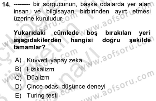 Zihin Felsefesi Dersi 2022 - 2023 Yılı Yaz Okulu Sınav Soruları 14. Soru