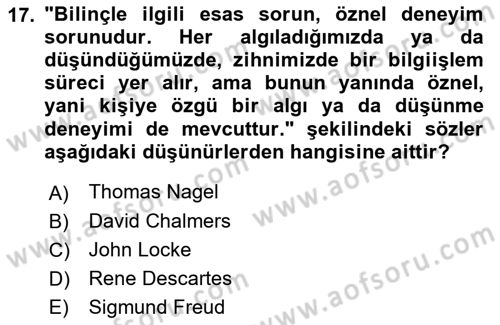 Zihin Felsefesi Dersi 2022 - 2023 Yılı Yaz Okulu Sınav Soruları 17. Soru
