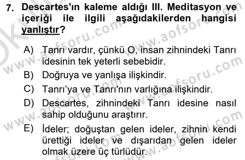 Zihin Felsefesi Dersi 2022 - 2023 Yılı Yaz Okulu Sınav Soruları 7. Soru