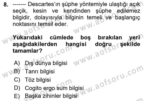 Zihin Felsefesi Dersi 2022 - 2023 Yılı Yaz Okulu Sınav Soruları 8. Soru