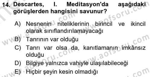 Zihin Felsefesi Dersi 2023 - 2024 Yılı (Vize) Ara Sınav Soruları 14. Soru