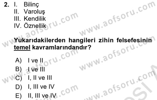 Zihin Felsefesi Dersi 2023 - 2024 Yılı (Vize) Ara Sınav Soruları 2. Soru