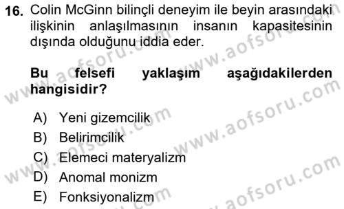 Zihin Felsefesi Dersi 2023 - 2024 Yılı (Final) Dönem Sonu Sınav Soruları 16. Soru