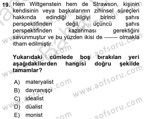 Zihin Felsefesi Dersi 2023 - 2024 Yılı (Final) Dönem Sonu Sınav Soruları 19. Soru