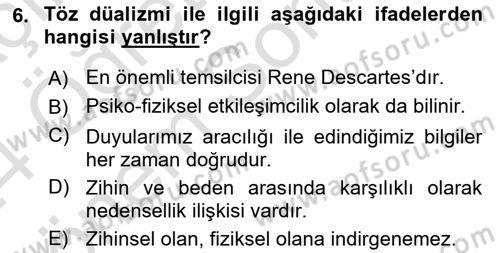 Zihin Felsefesi Dersi 2023 - 2024 Yılı (Final) Dönem Sonu Sınav Soruları 6. Soru