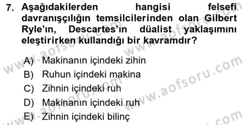 Zihin Felsefesi Dersi 2023 - 2024 Yılı (Final) Dönem Sonu Sınav Soruları 7. Soru