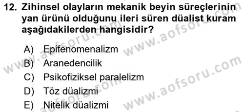 Zihin Felsefesi Dersi 2023 - 2024 Yılı Yaz Okulu Sınav Soruları 12. Soru