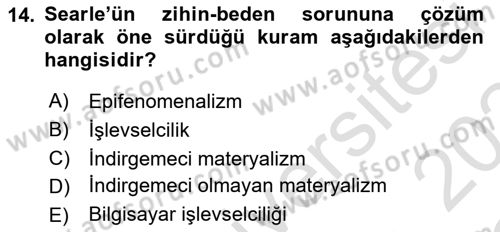Zihin Felsefesi Dersi 2023 - 2024 Yılı Yaz Okulu Sınav Soruları 14. Soru