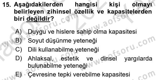 Zihin Felsefesi Dersi 2023 - 2024 Yılı Yaz Okulu Sınav Soruları 15. Soru