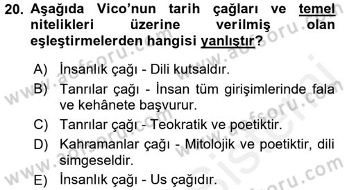 Tarih Felsefesi 1 Dersi 2016 - 2017 Yılı (Final) Dönem Sonu Sınav Soruları 20. Soru
