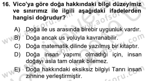 Tarih Felsefesi 1 Dersi 2018 - 2019 Yılı 3 Ders Sınav Soruları 16. Soru