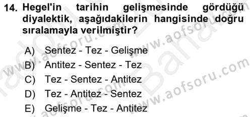 Tarih Felsefesi 2 Dersi 2017 - 2018 Yılı (Vize) Ara Sınavı 14. Soru