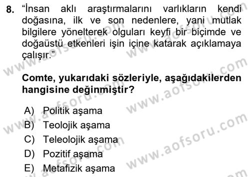 Tarih Felsefesi 2 Dersi 2017 - 2018 Yılı (Final) Dönem Sonu Sınav Soruları 8. Soru