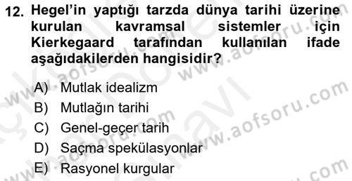 Tarih Felsefesi 2 Dersi 2018 - 2019 Yılı (Final) Dönem Sonu Sınav Soruları 12. Soru