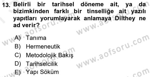 Tarih Felsefesi 2 Dersi 2018 - 2019 Yılı (Final) Dönem Sonu Sınav Soruları 13. Soru