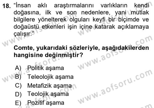 Tarih Felsefesi 2 Dersi 2021 - 2022 Yılı (Final) Dönem Sonu Sınav Soruları 18. Soru