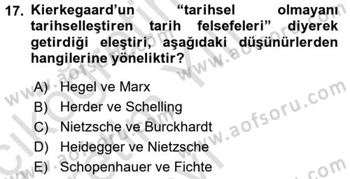 Tarih Felsefesi 2 Dersi 2021 - 2022 Yılı Yaz Okulu Sınav Soruları 17. Soru