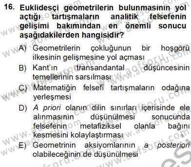 Çağdaş Felsefe 1 Dersi 2012 - 2013 Yılı (Vize) Ara Sınav Soruları 16. Soru