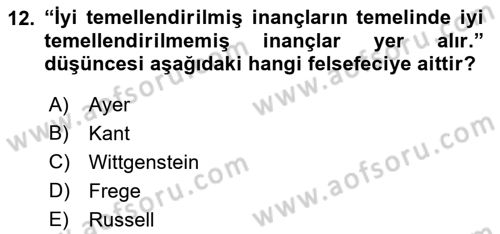 Çağdaş Felsefe 1 Dersi 2015 - 2016 Yılı Tek Ders Sınav Soruları 12. Soru