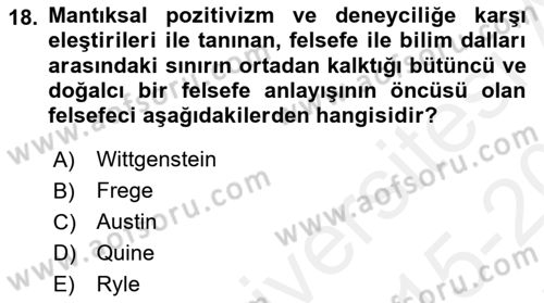 Çağdaş Felsefe 1 Dersi 2015 - 2016 Yılı Tek Ders Sınav Soruları 18. Soru