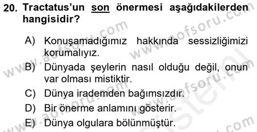 Çağdaş Felsefe 1 Dersi 2015 - 2016 Yılı Tek Ders Sınav Soruları 20. Soru