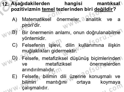 Çağdaş Felsefe 1 Dersi 2016 - 2017 Yılı 3 Ders Sınav Soruları 12. Soru