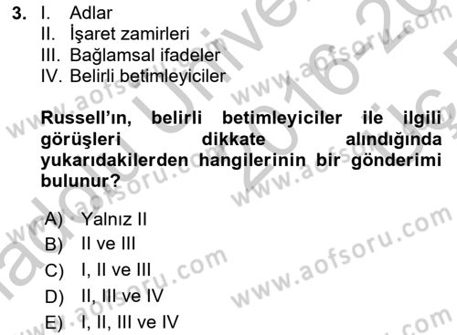 Çağdaş Felsefe 1 Dersi 2016 - 2017 Yılı 3 Ders Sınav Soruları 3. Soru