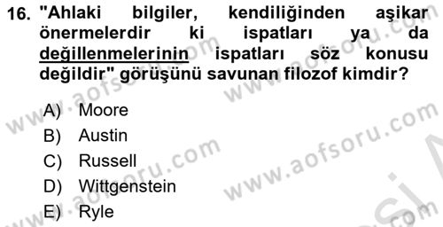 Çağdaş Felsefe 1 Dersi 2016 - 2017 Yılı (Vize) Ara Sınav Soruları 16. Soru