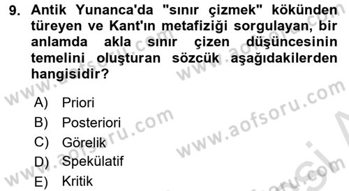Çağdaş Felsefe 1 Dersi 2016 - 2017 Yılı (Vize) Ara Sınav Soruları 9. Soru
