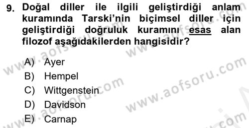 Çağdaş Felsefe 1 Dersi 2016 - 2017 Yılı (Final) Dönem Sonu Sınav Soruları 9. Soru