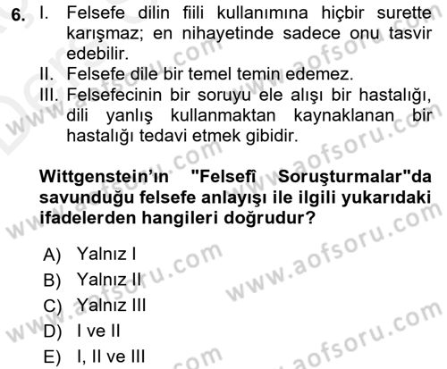 Çağdaş Felsefe 1 Dersi 2017 - 2018 Yılı 3 Ders Sınavı 6. Soru