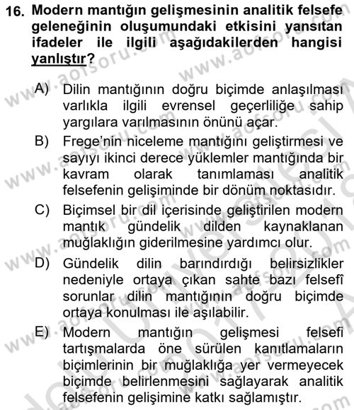 Çağdaş Felsefe 1 Dersi 2017 - 2018 Yılı (Vize) Ara Sınav Soruları 16. Soru