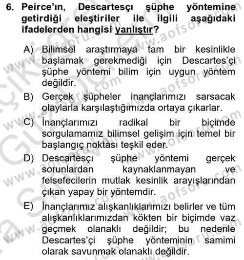 Çağdaş Felsefe 1 Dersi 2017 - 2018 Yılı (Vize) Ara Sınav Soruları 6. Soru