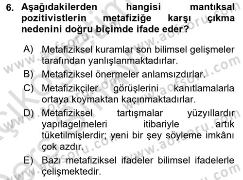 Çağdaş Felsefe 1 Dersi 2018 - 2019 Yılı 3 Ders Sınav Soruları 6. Soru