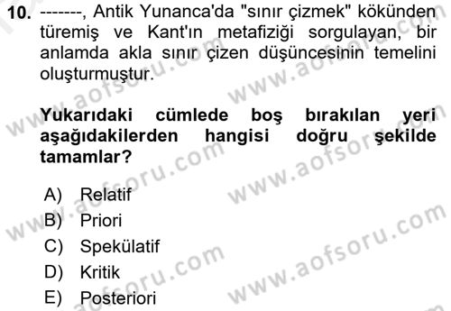 Çağdaş Felsefe 1 Dersi 2018 - 2019 Yılı (Vize) Ara Sınavı 10. Soru