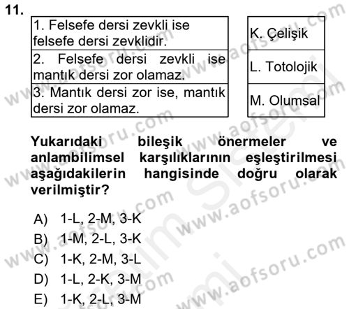 Çağdaş Felsefe 1 Dersi 2018 - 2019 Yılı (Vize) Ara Sınavı 11. Soru