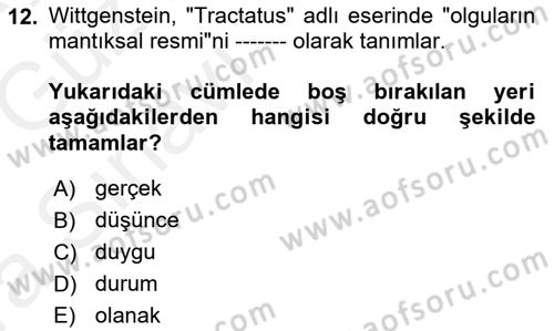 Çağdaş Felsefe 1 Dersi 2018 - 2019 Yılı (Vize) Ara Sınavı 12. Soru