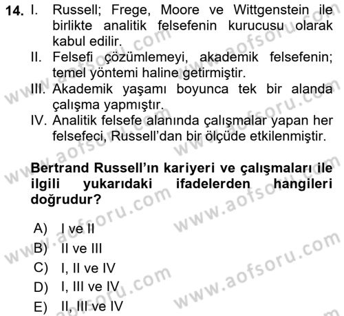 Çağdaş Felsefe 1 Dersi 2018 - 2019 Yılı (Vize) Ara Sınavı 14. Soru