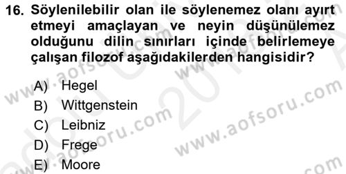 Çağdaş Felsefe 1 Dersi 2018 - 2019 Yılı (Vize) Ara Sınavı 16. Soru