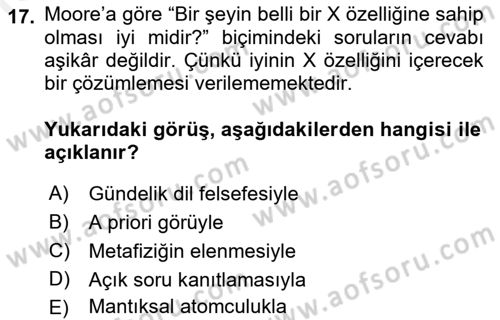 Çağdaş Felsefe 1 Dersi 2018 - 2019 Yılı (Vize) Ara Sınavı 17. Soru