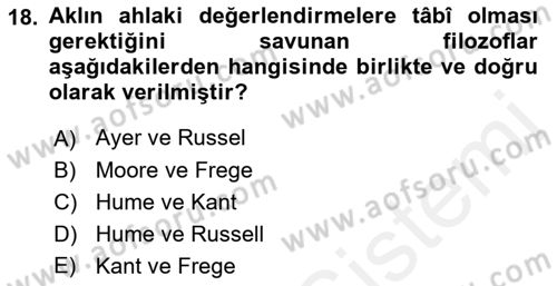 Çağdaş Felsefe 1 Dersi 2018 - 2019 Yılı (Vize) Ara Sınavı 18. Soru