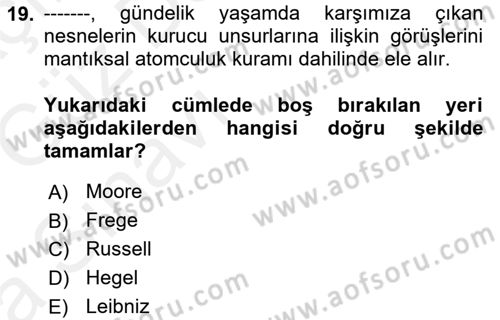 Çağdaş Felsefe 1 Dersi 2018 - 2019 Yılı (Vize) Ara Sınavı 19. Soru