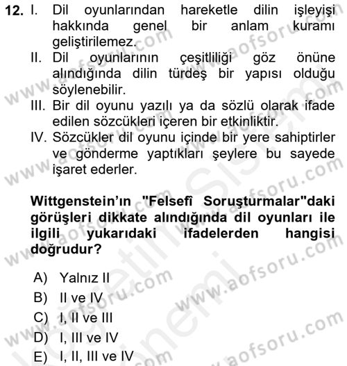 Çağdaş Felsefe 1 Dersi 2018 - 2019 Yılı (Final) Dönem Sonu Sınav Soruları 12. Soru