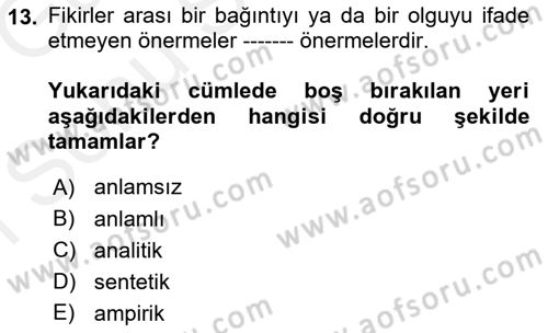 Çağdaş Felsefe 1 Dersi 2018 - 2019 Yılı (Final) Dönem Sonu Sınav Soruları 13. Soru