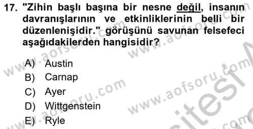 Çağdaş Felsefe 1 Dersi 2018 - 2019 Yılı Yaz Okulu Sınav Soruları 17. Soru