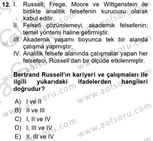Çağdaş Felsefe 1 Dersi 2019 - 2020 Yılı (Vize) Ara Sınav Soruları 12. Soru