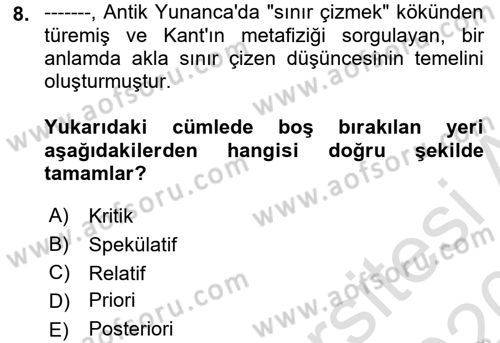 Çağdaş Felsefe 1 Dersi 2019 - 2020 Yılı (Vize) Ara Sınav Soruları 8. Soru