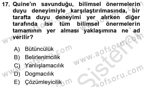 Çağdaş Felsefe 1 Dersi 2020 - 2021 Yılı Yaz Okulu Sınav Soruları 17. Soru