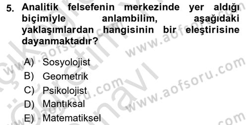Çağdaş Felsefe 1 Dersi 2020 - 2021 Yılı Yaz Okulu Sınav Soruları 5. Soru